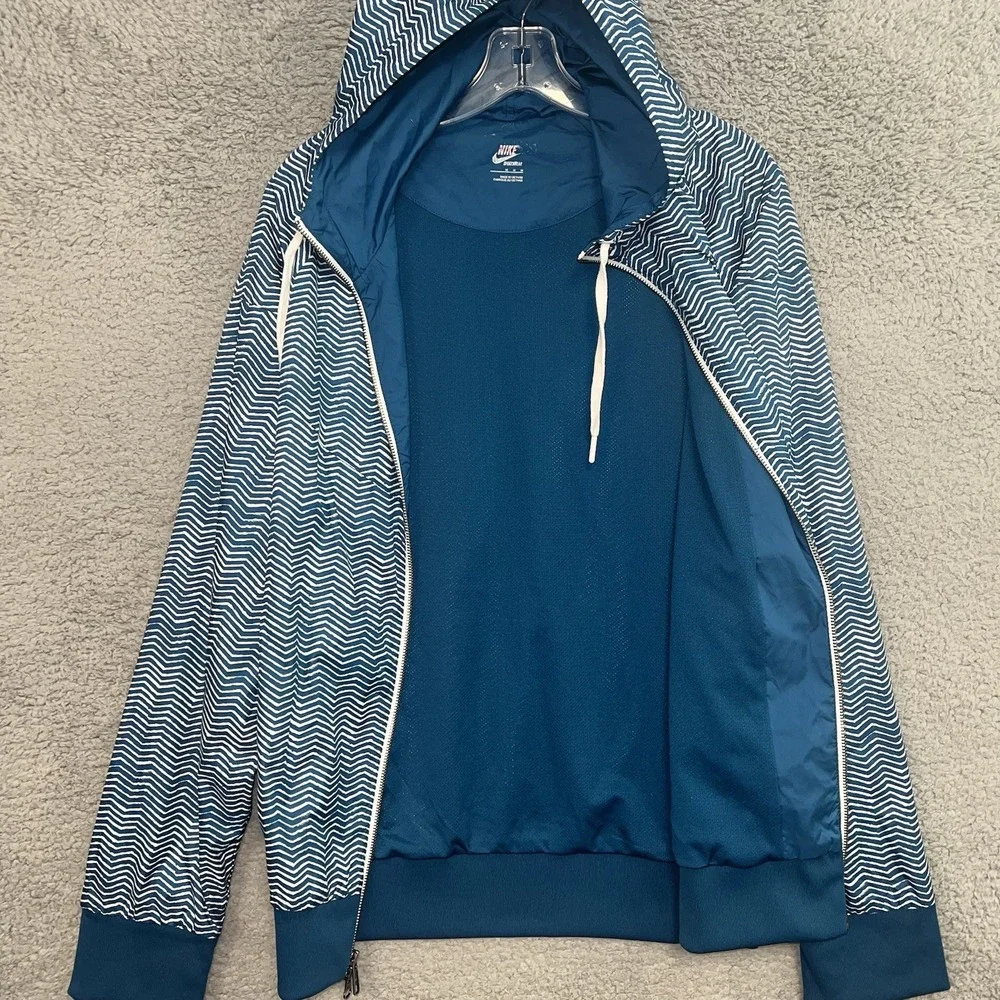Nike Sportswear Windbreaker Women's Size M Teal‎ Geometric Hooded Rain Jacket